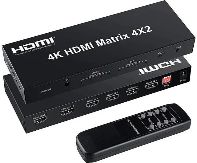 Main image of 4x2 HDMI Matrix Switch,4 in 2 Out Matrix HDMI Video Switcher Splitter +Optical & L/R Audio Output, Support Ultra HD 4K x 2K,3D 1080P, Audio EDID Extractor with IR Remote Control & Power Adapter