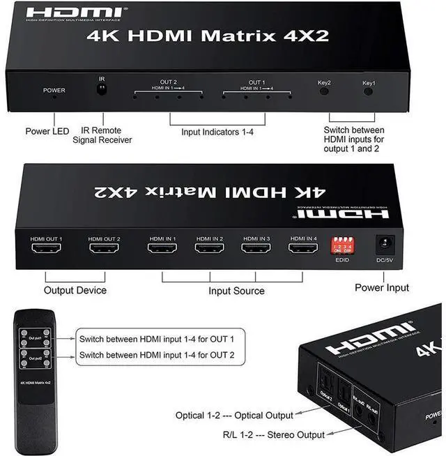 Alt view image 5 of 7 - 4x2 HDMI Matrix Switch,4 in 2 Out Matrix HDMI Video Switcher Splitter +Optical & L/R Audio Output, Support Ultra HD 4K x 2K,3D 1080P, Audio EDID Extractor with IR Remote Control & Power Adapter