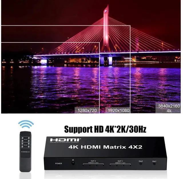 Alt view image 7 of 7 - 4x2 HDMI Matrix Switch,4 in 2 Out Matrix HDMI Video Switcher Splitter +Optical & L/R Audio Output, Support Ultra HD 4K x 2K,3D 1080P, Audio EDID Extractor with IR Remote Control & Power Adapter