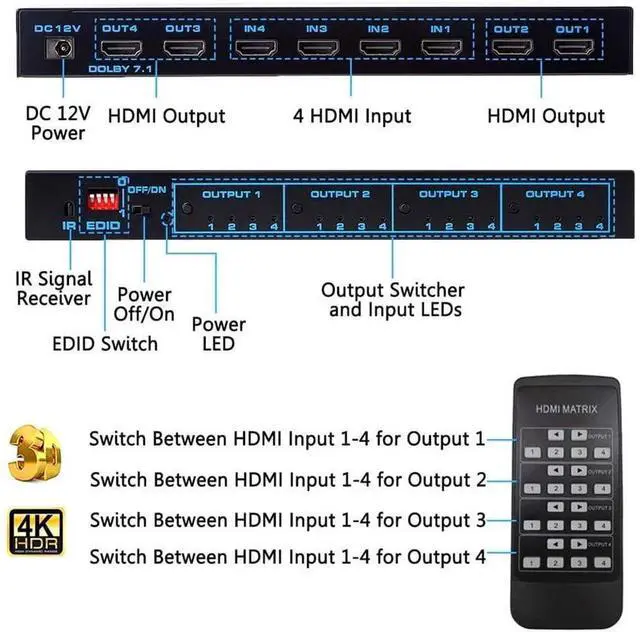 Alt view image 6 of 7 - HDMI Matrix 4X4, 4K UHD HDMI 4 In 4 Out Matrix HDMI 2.0 Matrix Switcher 4x4 Ports 4K @60Hz Support 4K Dolby Vision HDR HDCP 2.2 Support Remote Control eokCXOY