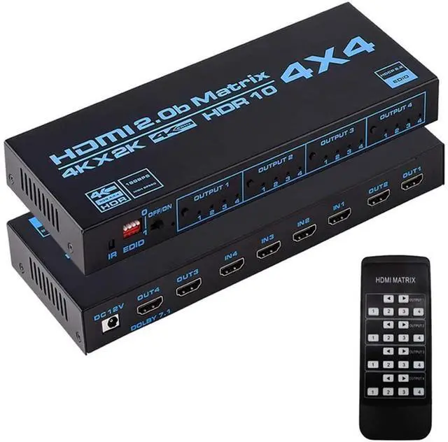 Main image of HDMI Matrix 4X4, 4K UHD HDMI 4 In 4 Out Matrix HDMI 2.0 Matrix Switcher 4x4 Ports 4K @60Hz Support 4K Dolby Vision HDR HDCP 2.2 Support Remote Control eokCXOY