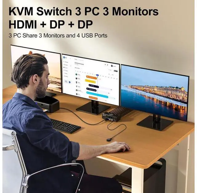 Alt view image 3 of 7 - USB 3.0 KVM Switch 3 PC 3 Monitors, 2 Displayport + HDMI Triple Monitors KVM Switch, 8K@60Hz KVM Switch 4K@144Hz, DP + DP + HDMI KVM Switch for 3 PC Share Mouse, Keyboard and 4 USB 3.0 Devices eokCXOY