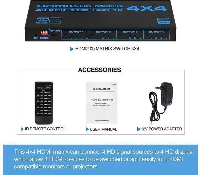 Alt view image 7 of 7 - 4K@60Hz HDMI Matrix Switch 4x4 with EDID, 4 in 4 Out HDMI Switcher Splitter Audio Video Distributor Selector Box with IR Remote, Support HDR, HDMI 2.0b, HDCP 2.2, 3D, 18Gbps, YUV 4:4:4 eokCXOY