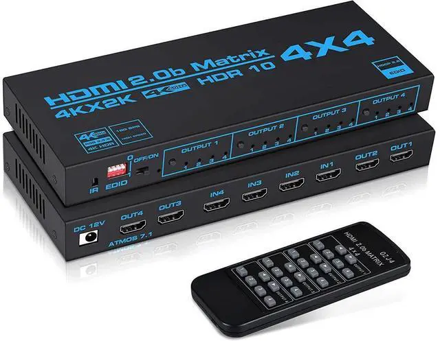 Main image of 4K@60Hz HDMI Matrix Switch 4x4 with EDID, 4 in 4 Out HDMI Switcher Splitter Audio Video Distributor Selector Box with IR Remote, Support HDR, HDMI 2.0b, HDCP 2.2, 3D, 18Gbps, YUV 4:4:4 eokCXOY