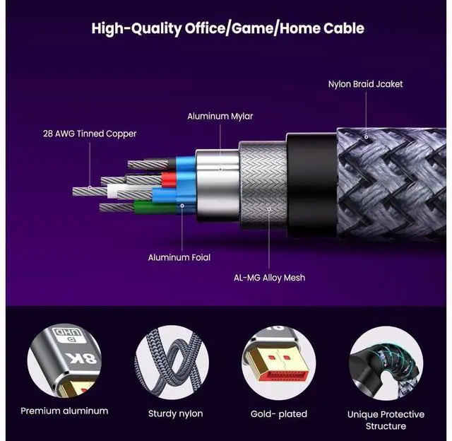 Alt view image 4 of 7 - 8K DisplayPort 1.4 Cable, DP Cable Nylon Braided -(4K 144Hz, 8K 60Hz) Gold-Plated Ultra High Speed DisplayPort to DisplayPort Cable for Laptop PC TV etc- Gaming Monitor Cable (6.6ft / 2M) eokCXOY