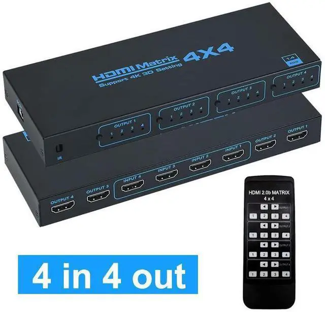 Main image of HDMI Matrix Switch 4x4, 4 Ports HDMI Matrix 4 in 4 Out with IR Remote Control, Support HDMI 1.4, 1080P@60Hz, 3D, YUV 4:2:0 (Black) eokCXOY