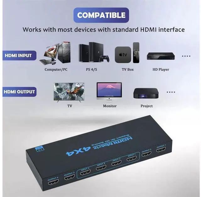 Alt view image 3 of 7 - HDMI Matrix Switch 4x4, 4 Ports HDMI Matrix 4 in 4 Out with IR Remote Control, Support HDMI 1.4, 1080P@60Hz, 3D, YUV 4:2:0 (Black) eokCXOY