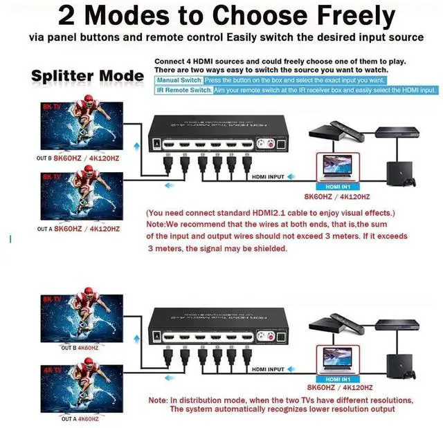 Alt view image 5 of 7 - 8K@60Hz HDMI Matrix Switch 4x2 with ARC, 4 in 2 Out HDMI2.1 Matrix HDMI Video Switcher Splitter+ Optical &L/R Audio Extractor, Support 4K @120Hz HDR10 HDCP2.3 Auto Downscale with IR Remote eokCXOY