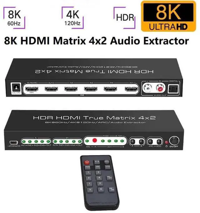 Main image of 8K@60Hz HDMI Matrix Switch 4x2 with ARC, 4 in 2 Out HDMI2.1 Matrix HDMI Video Switcher Splitter+ Optical &L/R Audio Extractor, Support 4K @120Hz HDR10 HDCP2.3 Auto Downscale with IR Remote eokCXOY