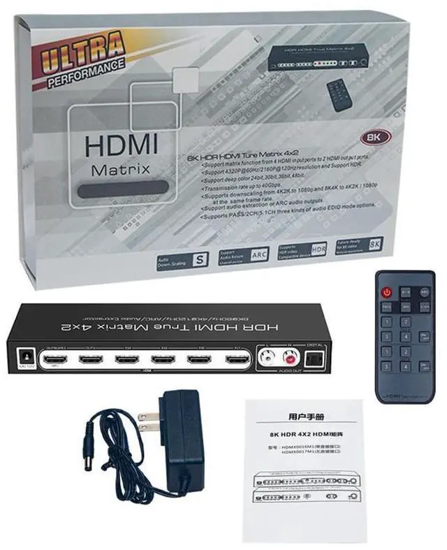 Alt view image 7 of 7 - 8K@60Hz HDMI Matrix Switch 4x2 with ARC, 4 in 2 Out HDMI2.1 Matrix HDMI Video Switcher Splitter+ Optical &L/R Audio Extractor, Support 4K @120Hz HDR10 HDCP2.3 Auto Downscale with IR Remote eokCXOY