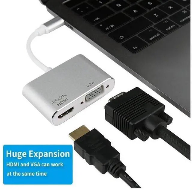 Alt view image 2 of 7 - USB C to 4K HDMI VGA Adapter , 2-in-1 Type C Hub with 4Kx2K HDMI, 1080P VGA Compatible for Nintendo Switch/MacBook Pro/iPad Pro/ Samsung Galaxy/Dell XPS-Silver eokCXOY