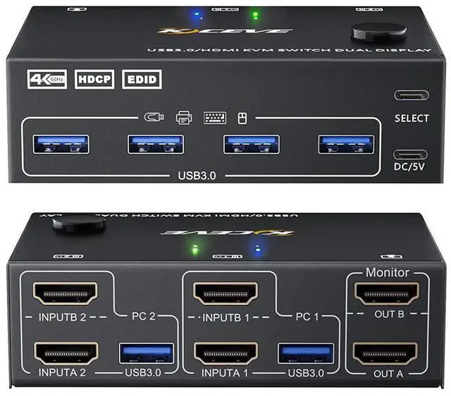 Main image of Dual Monitor USB 3.0 HDMI KVM Switch 2 Computers 2 Monitors, Dual Monitor HDMI KVM Switcher USB 3.0 Version, 4K @60Hz HD Resolution, Support Copy and Extended Display eokCXOY