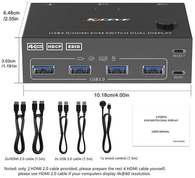 Alt view image 7 of 7 - Dual Monitor USB 3.0 HDMI KVM Switch 2 Computers 2 Monitors, Dual Monitor HDMI KVM Switcher USB 3.0 Version, 4K @60Hz HD Resolution, Support Copy and Extended Display eokCXOY
