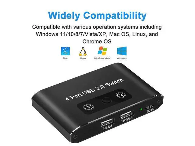 Alt view image 6 of 7 - USB 2.0 Switch 2 in 4 Out, KVM USB Switcher 2 Computers Share 4 USB Port Selector Box for Keyboard, Mouse, Printer, U-Disk, One-Button Swapping with 2 USB A Cable Compatible with Mac/Windows/Linux
