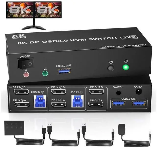 Main image of 8K@60Hz USB 3.0 Displayport KVM Switch 2 Monitors 2 Computers, DP 1.4 Dual Monitor KVM Switch with Audio Microphone Output and 3 USB 3.0 Ports, Wired Remote and 2 USB Cables Included eokCXOY