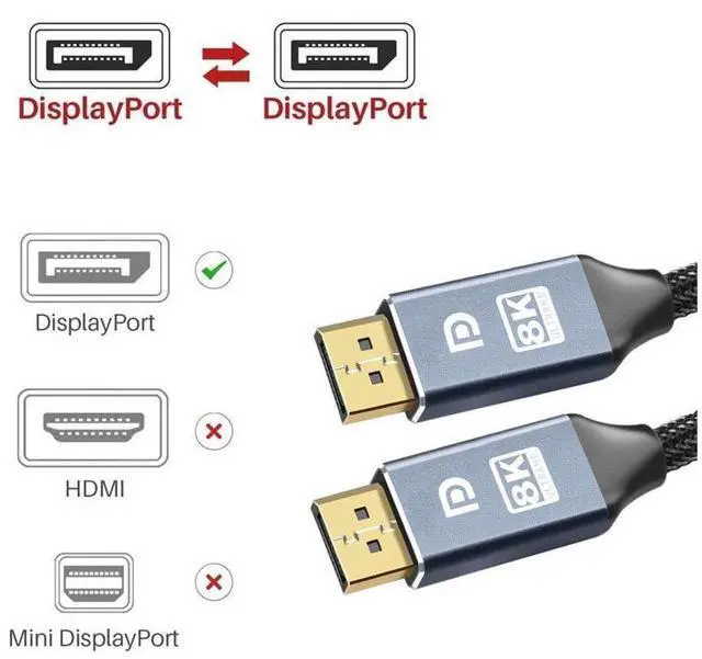 Alt view image 3 of 7 - 8K DisplayPort to Displayport Cable (1M/3.3FT) DP 1.4, Ultra HD Video Resolution Copper Cord 8K @60Hz 4K@144Hz High Speed 32.4Gbps HDCP 3D Slim Flexible DP to DP Cable for TV Gaming PC Monitor Laptop