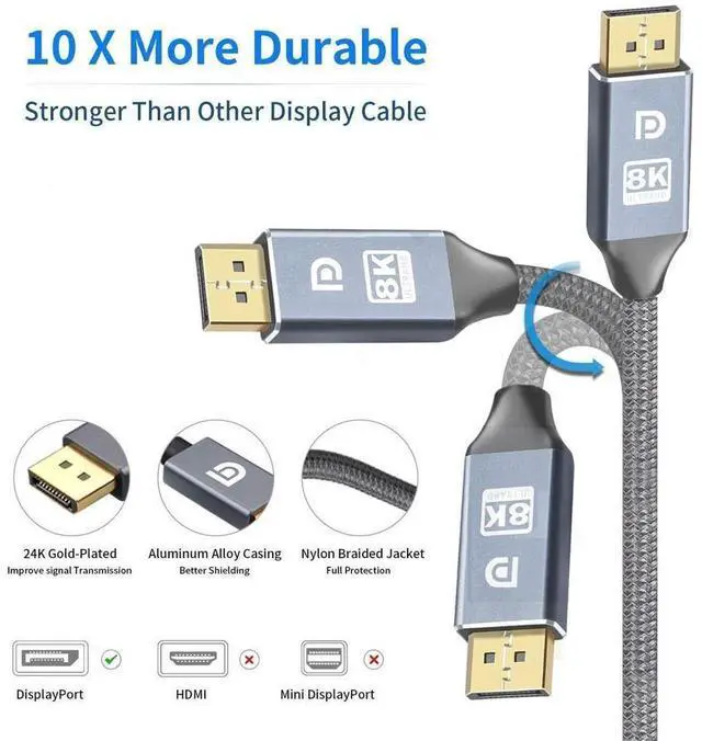 Alt view image 4 of 7 - 8K DisplayPort to Displayport Cable (1M/3.3FT) DP 1.4, Ultra HD Video Resolution Copper Cord 8K @60Hz 4K@144Hz High Speed 32.4Gbps HDCP 3D Slim Flexible DP to DP Cable for TV Gaming PC Monitor Laptop