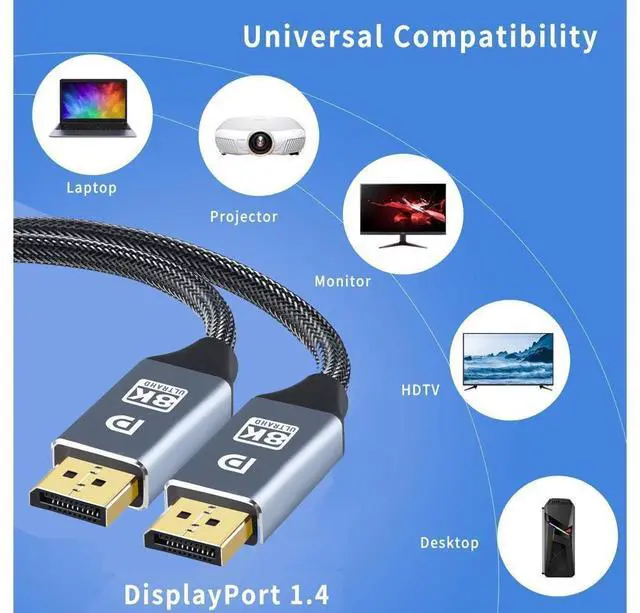 Alt view image 7 of 7 - 8K DisplayPort to Displayport Cable (1M/3.3FT) DP 1.4, Ultra HD Video Resolution Copper Cord 8K @60Hz 4K@144Hz High Speed 32.4Gbps HDCP 3D Slim Flexible DP to DP Cable for TV Gaming PC Monitor Laptop