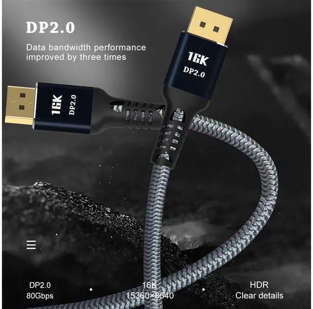 Alt view image 2 of 7 - DisplayPort 2.0 Ultra HD 16K 10K 8K 4K DP1.4 DP1.2 HBR3 16K(15360x8640) @60Hz 10K/8K @60Hz 4K @165Hz 144Hz High Speed 80Gbps HDCP 3D Slim and Flexible DP to DP Cable (1M 3.3FT) eokCXOY