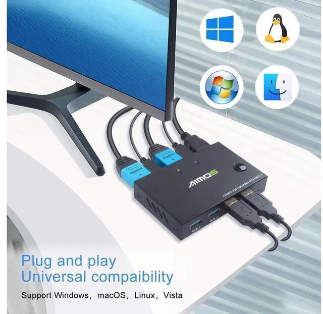 Alt view image 5 of 7 - KVM Switch HDMI 2 Port Box, AIMOS USB and HDMI Switches 4 USB Hub, UHD 4K@30Hz, for 2 Computers Share Keyboard Mouse and one HD Monitor, Not support Hotkey, With HUB Ports eokCXOY