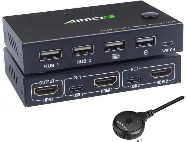 Main image of KVM Switch HDMI 2 Port Box, AIMOS USB and HDMI Switches 4 USB Hub, UHD 4K@30Hz, for 2 Computers Share Keyboard Mouse and one HD Monitor, Not support Hotkey, With HUB Ports eokCXOY