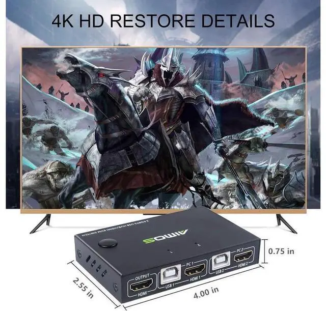 Alt view image 3 of 7 - KVM Switch HDMI 2 Port Box, AIMOS USB and HDMI Switches 4 USB Hub, UHD 4K@30Hz, for 2 Computers Share Keyboard Mouse and one HD Monitor, Not support Hotkey, With HUB Ports eokCXOY