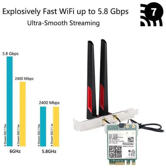 Alt view image 2 of 6 - BE200NG Wi-Fi 7 Desktop Kit 8774Mbps (6G+5G+2.4G) with Bluetooth 5.4, 802.11 be200 M.2 WiFi Card Tri-Band Wireless Network Adapter for PC, Supports Windows 11, 10 (64bit) only.