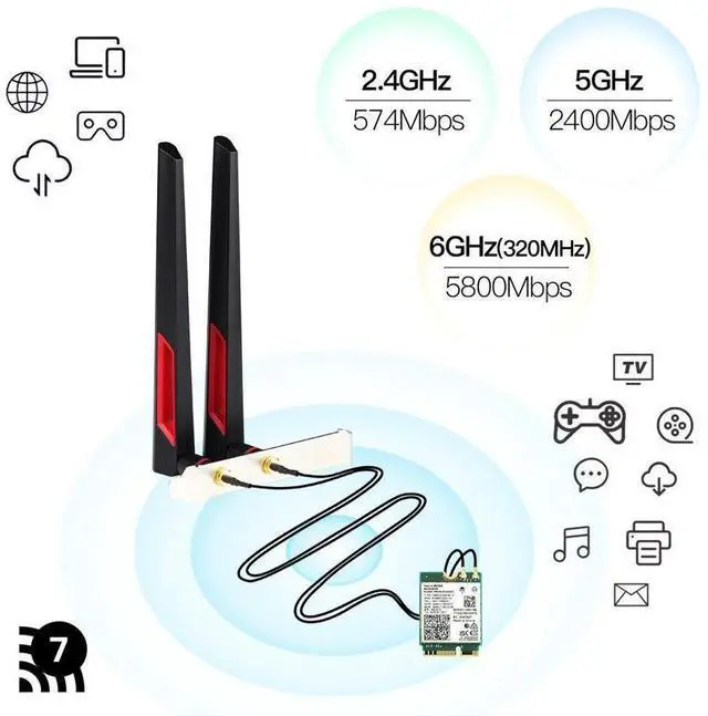 Alt view image 3 of 6 - BE200NG Wi-Fi 7 Desktop Kit 8774Mbps (6G+5G+2.4G) with Bluetooth 5.4, 802.11 be200 M.2 WiFi Card Tri-Band Wireless Network Adapter for PC, Supports Windows 11, 10 (64bit) only.