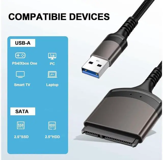 Alt view image 4 of 7 - SATA to USB Adapter Cable, USB 3.0 to SATA Adapter for 2.5" HDD/SSD, USB 3.0 to 2.5 SATA III Hard Drive Adapter Aluminum Shell Nylon Cord, Supports UASP, External Converter for SSD/HDD Data Transfer