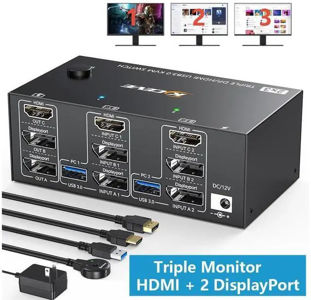 Main image of KVM Switch 3 Monitors 2 Computers 8K@60Hz 4K@144Hz, HDMI + 2 Displayport Triple Monitor KVM Switch for 2 Computer Share 3 Monitor and 4 USB 3.0 Port Keyboard Mouse,Wired Remote and USB Cables Included