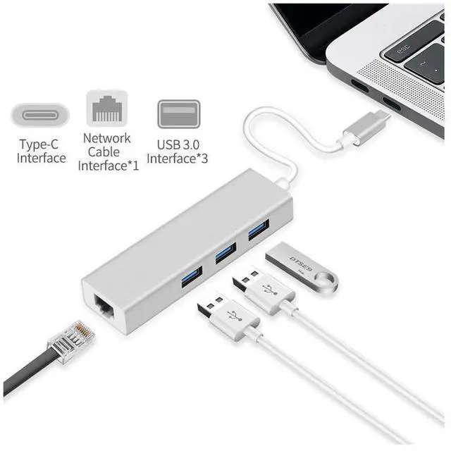 Alt view image 3 of 7 - USB C To Ethernet Adapter - Ethernet To USB C/Thunderbolt 3 To RJ45 Wired Network Convert Adapter with 3 USB 3.0, Plug & Play, Compatible With Mac Book,MacBook 2019/2018/2017 and More - Silver eokCXOY