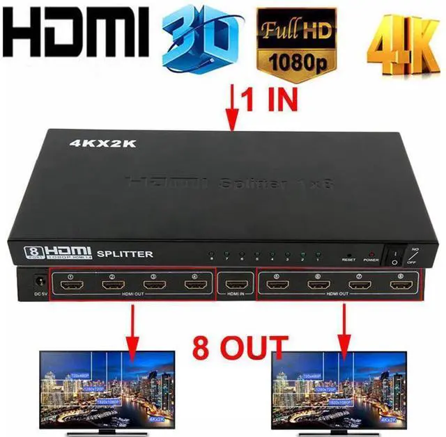 Main image of Ultra HD 4K HDMI Splitter 1 In 8 Out 8 Port Repeater Amplifier Hub 3D 1080p HDMI Splitter Compatible with Ps4 / Xbox One/Fire TV/Apple TV/Sky Box/Stb/DVD/Laptop/Blue ray, Power Supply Adapter Include
