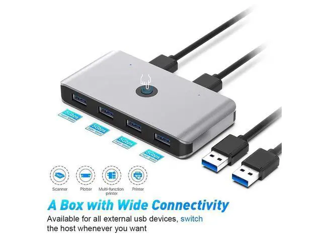Alt view image 7 of 7 - USB 3.0 KVM Switch Selector for 2 Computers Share 4 USB 3.0 Device, 2 in 4 Out USB 3.0 Switcher for Keyboard Mouse Printer Scanner PC Laptop One Button Switch Adapter with 2 Pack USB 3.0 Cables