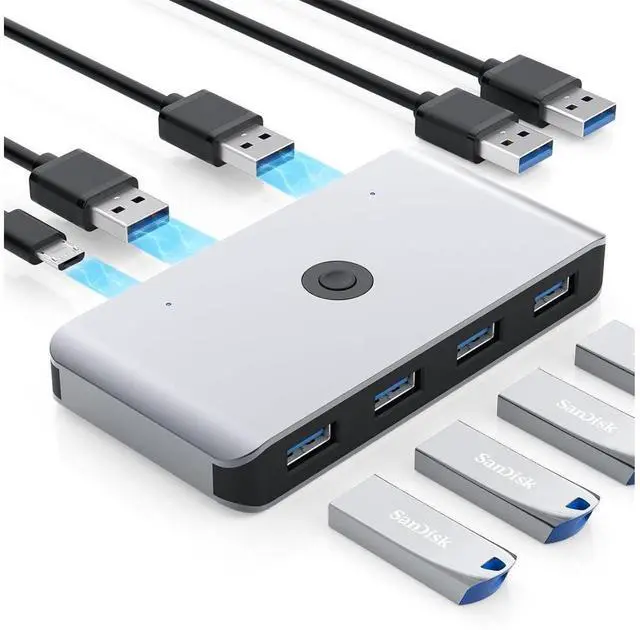 Main image of USB 3.0 KVM Switch Selector for 2 Computers Share 4 USB 3.0 Device, 2 in 4 Out USB 3.0 Switcher for Keyboard Mouse Printer Scanner PC Laptop One Button Switch Adapter with 2 Pack USB 3.0 Cables