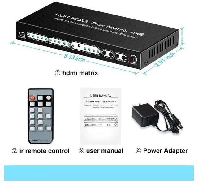 Alt view image 7 of 7 - 8K 4x2 HDMI Matrix, 4 in 2 Out HDMI 2.1 Matrix HDMI Video Switcher Splitter + Optical & L/R Audio Output,Support 4K @120Hz,HDR10 HDCP2.3 Do-l-by Vision Atmos SPDIF 5.1CH ARC with IR Remote Control