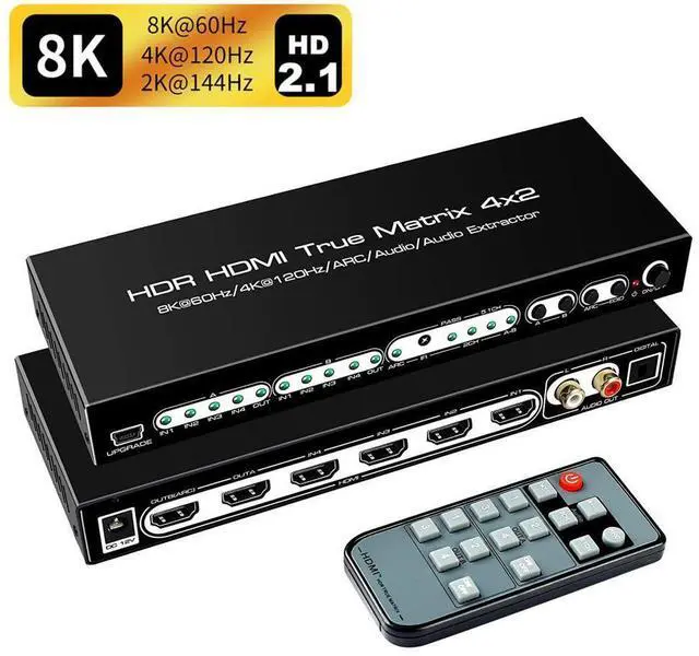 Main image of 8K 4x2 HDMI Matrix, 4 in 2 Out HDMI 2.1 Matrix HDMI Video Switcher Splitter + Optical & L/R Audio Output,Support 4K @120Hz,HDR10 HDCP2.3 Do-l-by Vision Atmos SPDIF 5.1CH ARC with IR Remote Control
