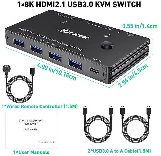 Alt view image 7 of 7 - USB 3.0 KVM Switch HDMI 2 Ports 8K @60Hz 4K @120Hz HDMI 2.1 KVM Switch for 2 Computers 1 Monitor and 4 USB 3.0 Ports, HDCP 2.3, HDR 10, with Remote Controller and USB 3.0 Cables eokCXOY