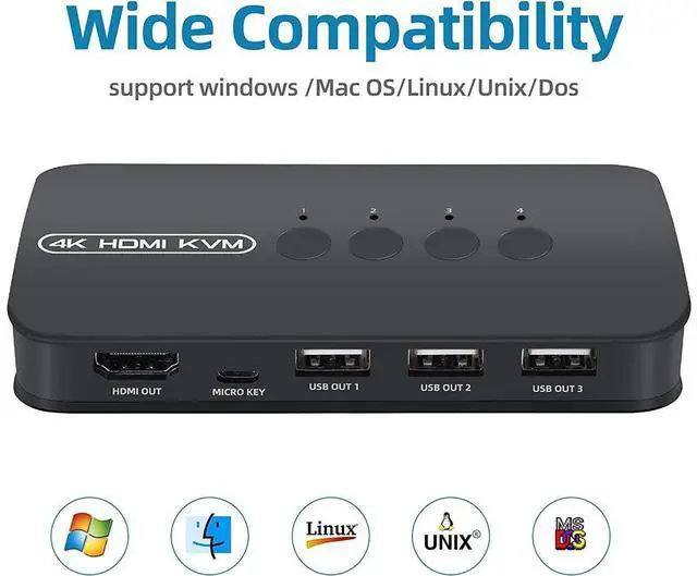 Alt view image 6 of 6 - 4 Ports HDMI KVM Switch, HDMI USB Selector for 4 Computers Share Keyboard Mouse Printer and One HD 4K@30Hz Monitor, Including 4 KVM Cables eokCXOY