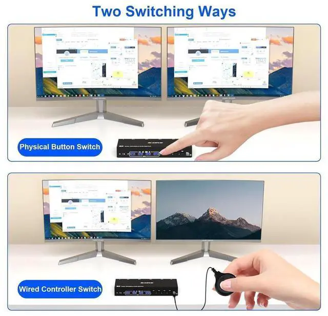 Alt view image 4 of 7 - Displayport KVM Switch 4 Computers 2 Monitors 8K@30Hz 4K@144Hz, Dual Monitor DP KVM Switch for 4 Computers Share 2 Monitor and 4 USB 3.0 Port Keyboard Mouse,Wired Remote and USB Cables Included
