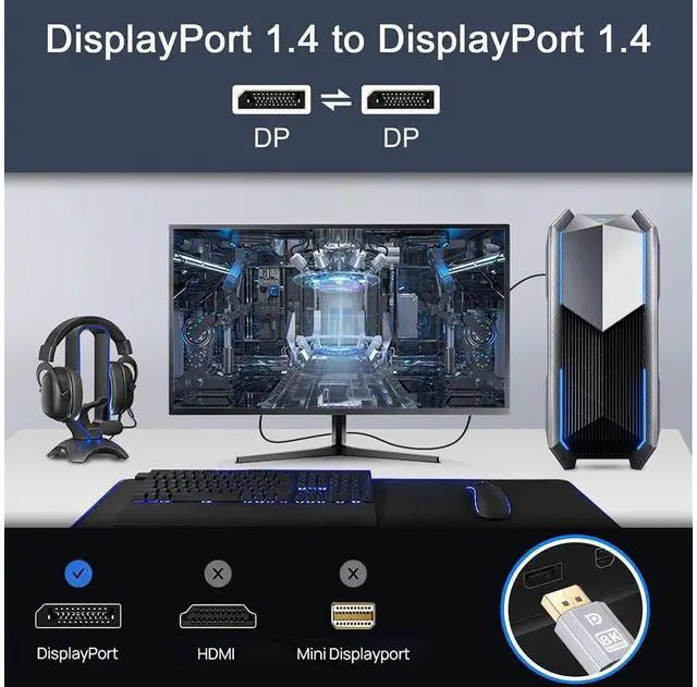 Alt view image 4 of 7 - 8K Displayport 1.4 Cable 6.6ft/2M, High Refresh Ultra HD DP to DP 32.4Gbps Lead, Supports 8K@60Hz, 4K@144Hz, HDR 10, 3D, FreeSync & G-Sync, Compatible for Gaming Monitor, HDTV, Display, PC/Laptop