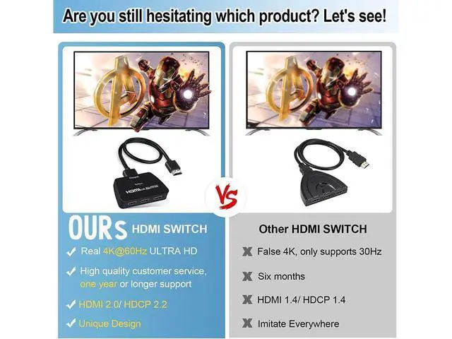 Alt view image 7 of 7 - HDMI Switch 4K@60Hz, 3 in 1 Out HDMI Switch, 3 Port HDMI Switcher Box with HDMI Cable, Supports 4K, 1080P, 3D, HDMI 2.0, HDR, Compatible with Fire Stick 4K, HDTV, PS4/5, Game Consoles, PC eokCXOY