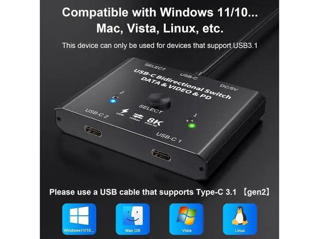 Alt view image 7 of 7 - USB C Switch 2 in 1 Out or 1 in 2 Out, Type-C Bidirectional Switcher for 2 Laptops with USB C Port, Supports8K@60Hz 4K@120Hz Video/10Gbps Data Transfer/100W Charging,Compatible with Thunderbolt Device