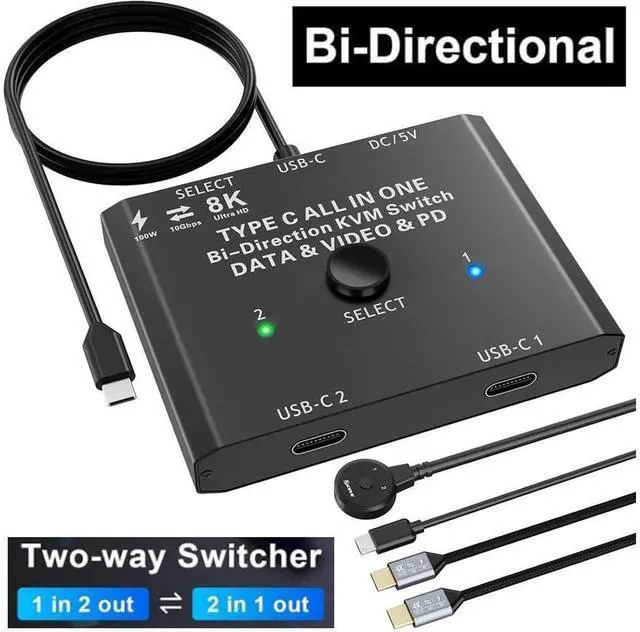 Main image of USB C Switch 2 in 1 Out or 1 in 2 Out, Type-C Bidirectional Switcher for 2 Laptops with USB C Port, Supports8K@60Hz 4K@120Hz Video/10Gbps Data Transfer/100W Charging,Compatible with Thunderbolt Device