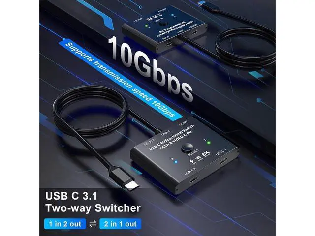 Alt view image 5 of 7 - USB C Switch 2 in 1 Out or 1 in 2 Out, Type-C Bidirectional Switcher for 2 Laptops with USB C Port, Supports8K@60Hz 4K@120Hz Video/10Gbps Data Transfer/100W Charging,Compatible with Thunderbolt Device