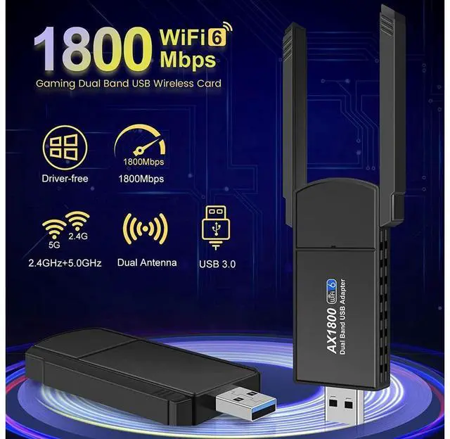 Alt view image 2 of 7 - USB 3.0 WiFi 6 Adapter for PC, AX1806 1800Mbps Dual Band 2.42GHz/574Mbps & 5GHz/1201Mbps Wireless Network Dongle,Dual 5dBi Antennas High Gain 802.11AC Wireless Network Card Supports Windows 7/10/11