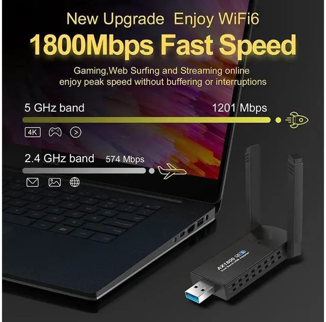 Alt view image 3 of 7 - USB 3.0 WiFi 6 Adapter for PC, AX1806 1800Mbps Dual Band 2.42GHz/574Mbps & 5GHz/1201Mbps Wireless Network Dongle,Dual 5dBi Antennas High Gain 802.11AC Wireless Network Card Supports Windows 7/10/11