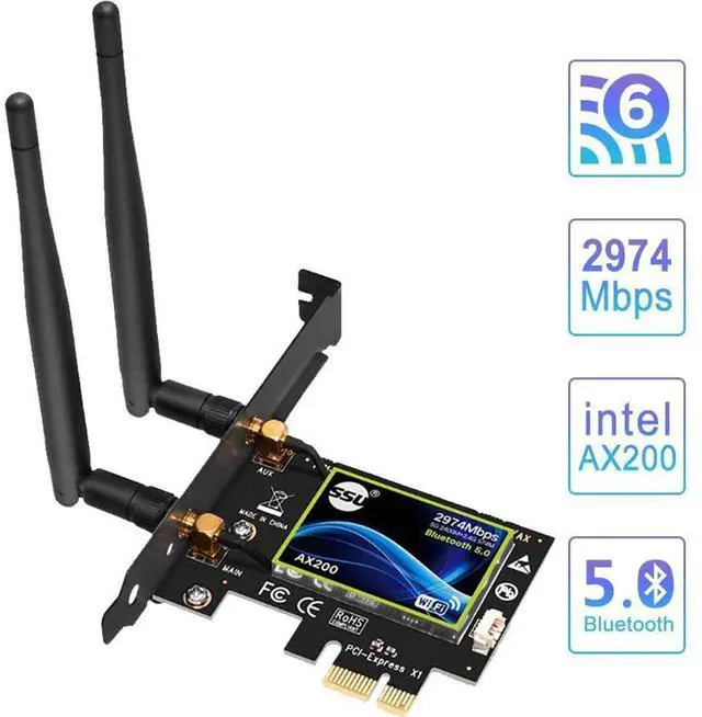 Main image of WiFi 6 Card Bluetooth 5.0 Wireless Adapter 3000Mbps AX200 Dual-band PCI-E Network WiFi Adapter Card Dual Band 5.8GHz/2.4GHz Antennas for Desktop/PC Gaming Supports Windows 10 (64bit) eokCXOY