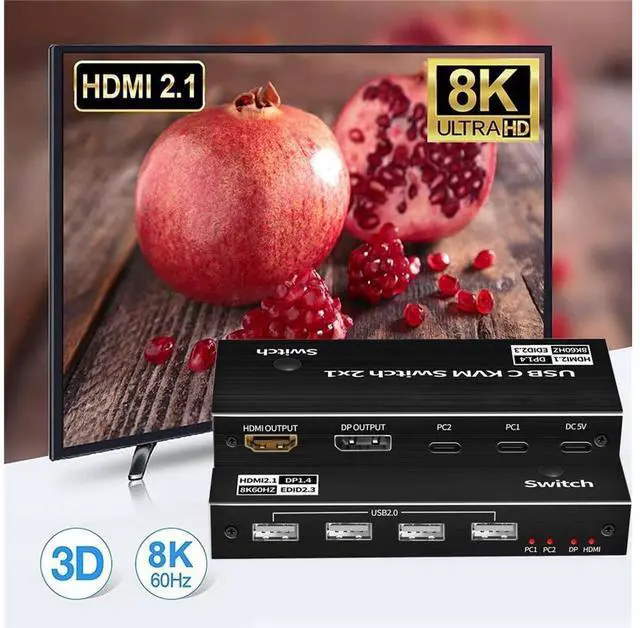 Alt view image 7 of 7 - 8K USB C KVM Switch HDMI 2 Port 8K@60Hz 4K@120Hz, HDMI 2.1 KVM Switch for 2 Computers Share 1 Monitor(DP/HDMI Output) and 4 USB Devices, and 2 USB-C Cables Included eokCXOY