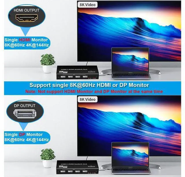 Alt view image 5 of 7 - 8K USB C KVM Switch HDMI 2 Port 8K@60Hz 4K@120Hz, HDMI 2.1 KVM Switch for 2 Computers Share 1 Monitor(DP/HDMI Output) and 4 USB Devices, and 2 USB-C Cables Included eokCXOY