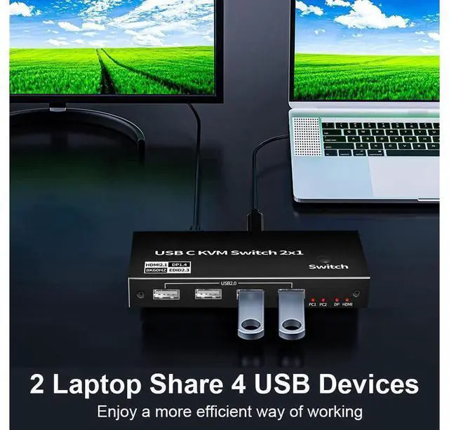 Alt view image 2 of 7 - 8K USB C KVM Switch HDMI 2 Port 8K@60Hz 4K@120Hz, HDMI 2.1 KVM Switch for 2 Computers Share 1 Monitor(DP/HDMI Output) and 4 USB Devices, and 2 USB-C Cables Included eokCXOY